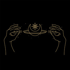 gold hand pinching pose abstract planet moon