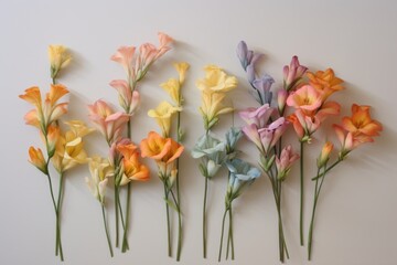  a group of colorful flowers sitting on top of a white wall next to each other on top of a table.