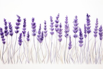  a row of lavender colored lavender flowers on a white background, with long stems of lavender in the foreground.