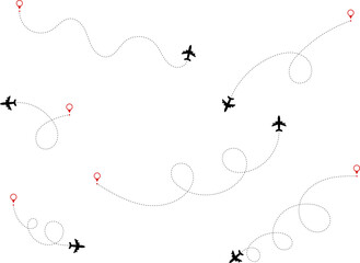 Airplane route. Route icon - two points with dotted path and location pin. Route location icon two pin sign and dotted line. Travel vector icon.