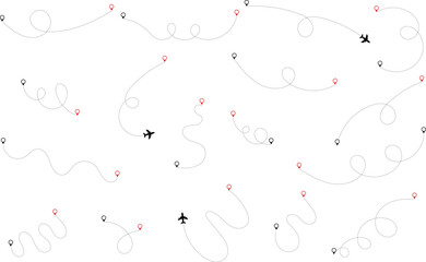 Airplane route. Route icon - two points with dotted path and location pin. Route location icon two pin sign and dotted line. Travel vector icon.