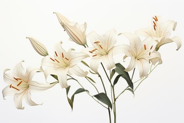  a bouquet of white lilies in a vase on a white background with a butterfly in the center of the bouquet.