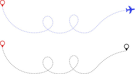 Airplane route. Route icon - two points with dotted path and location pin. Route location icon two pin sign and dotted line. Travel vector icon.