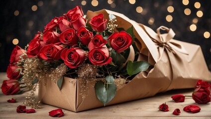 a bouquet of red roses wrapped in kraft paper