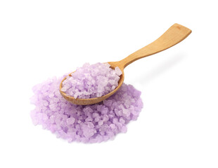 Violet sea salt and spoon isolated on white