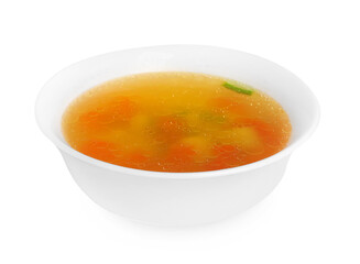 Delicious vegetable soup in bowl isolated on white