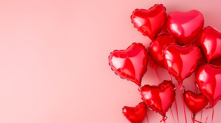 Red heart shaped balloons on pink background, flat lay with space for text. Saint Valentine's day celebration. copyspace