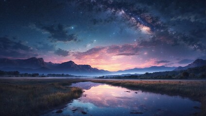 night landscape with starry sky, sunset, river and stars