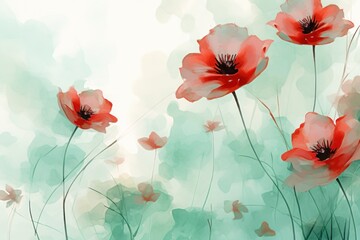 a painting of red poppies on a green and white background with a butterfly in the middle of the image.