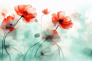  a painting of some red flowers on a white and blue background with a blurry image of the flowers on the right side of the frame.