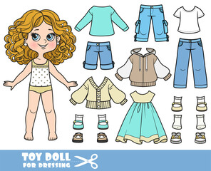 Cartoon girl with curle haired and clothes separately - cardigan, dress, shorts, shirt, jeans and sandals doll for dressing