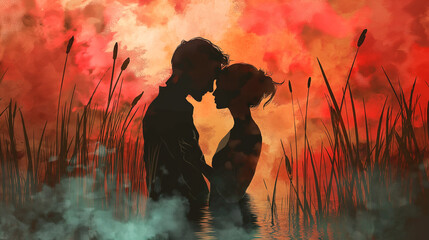 Two black silhouettes of young beloved people standing in water on red background. Romantic atmosphere. Art work. Selective focus. Generated with AI  - obrazy, fototapety, plakaty