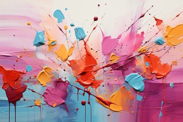  an abstract painting of pink, blue, yellow and red paint splattered on a white wall and floor.