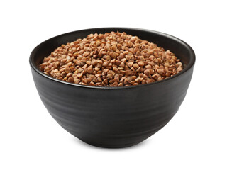 Bowl with dry buckwheat isolated on white