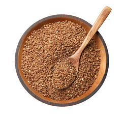 Bowl and spoon with dry buckwheat isolated on white, top view