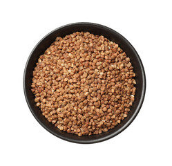 Bowl with dry buckwheat isolated on white, top view