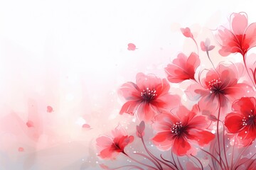  a close up of a bunch of red flowers on a white and pink background with a butterfly flying over it.