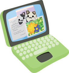 画面に可愛い猫の写真が写った、黄緑色のノートパソコンのアイコン