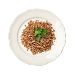 Plate with tasty buckwheat and fresh parsley isolated on white, top view