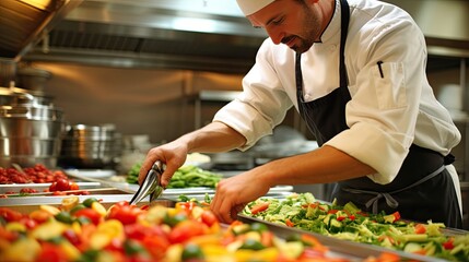 Kitchen Worker Preparing Fresh Vegetables for Meal Service - obrazy, fototapety, plakaty