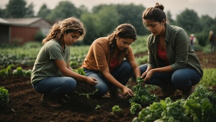 three girls plant a vegetable garden, organic greens farm
