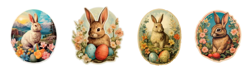 Foto op Plexiglas Set of vintage antique style Easter holiday greetings with cute bunnies and and Easter eggs, stickers isolated on transparent background, png file © Delphotostock