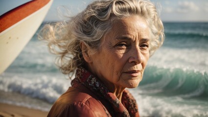 elderly woman portrait on the background of the ocean beach