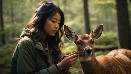 Tuinposter Asian girl in the forest with a deer © Roslaw