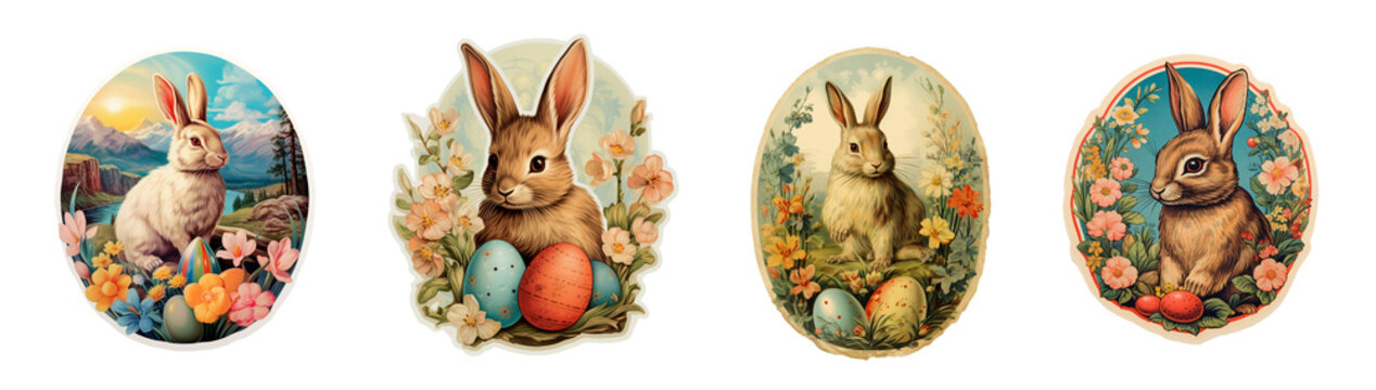 Set of vintage antique style Easter holiday greetings with cute bunnies and and Easter eggs, stickers isolated on transparent background, png file