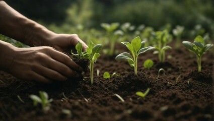 hands planting sprouts of greenery on the garden bed
