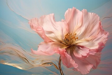  a close up of a flower on a white background with a blue sky in the background and a pink flower in the foreground.