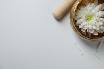 Fototapeta na wymiar Tibetan singing bowl with water, beautiful chrysanthemum flower and mallet on white background, top view. Space for text