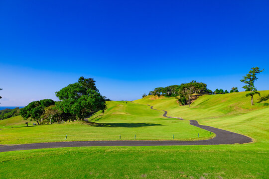 爽やかな青空のゴルフ場・丘のロングコースを海を眺めながらラウンド（神奈川県湯河原町）
