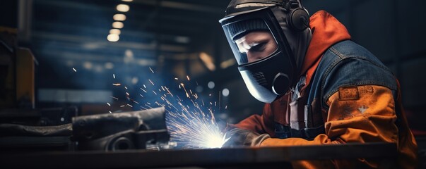 view of a welder at work in the automotive industry - obrazy, fototapety, plakaty