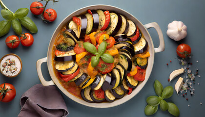 overhead view of a colorful and flavorful Ratatouille dish