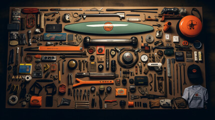 A flat lay of a vintage car enthusiasts memorabilia including model cars old license plates and automotive tools on a garage workbench.