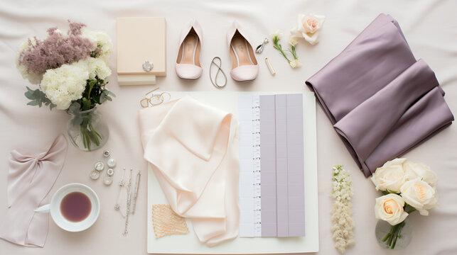A flat lay of a wedding planners toolkit including a planner color swatches fabric samples and inspirational photos on a bridal white tablecloth.