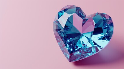 Fototapeta premium Heart shaped dazzling diamond blue gemstones on pink background. 3D blue diamond heart-shaped shape