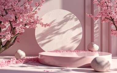 Pink podium background 3D product display pastel stage with sakura flowers and white stone, bright sunlight. 3D Modern empty podium pink stand cosmetic with pink sakura flower branch. Valentine theme