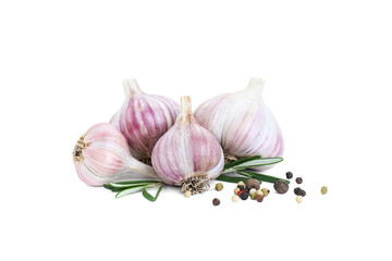 Fresh garlic bulbs, peppercorns and rosemary isolated on white