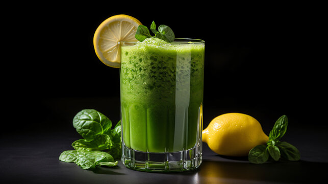 A glass of green smoothie made with spinach kale and green apple offering a detoxifying and nutrient-rich drink.