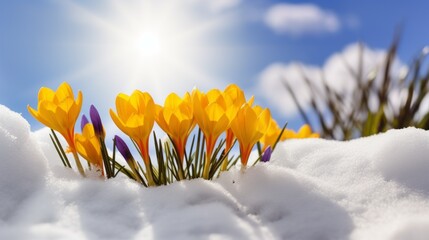 Beautiful primroses of yellow Crocuses bloom on a background of white snow on a sunny spring day. Spring background with copy space.