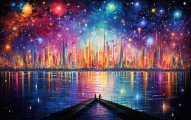 The realm of abstraction, where colors burst forth like fireworks in the night sky, Abstract Realms Unleashed: Night Sky Fireworks of Color.