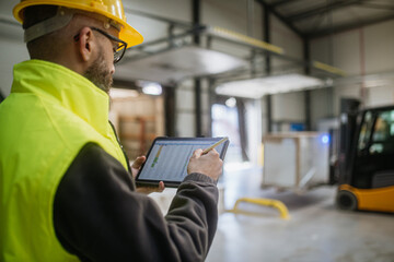 Warehouse receiver standing by delivered cargo, holding tablet, looking at cargo details, checking delivered items, goods against order.