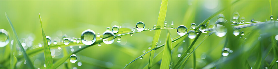 Droplets banner of morning dew on green grass - obrazy, fototapety, plakaty