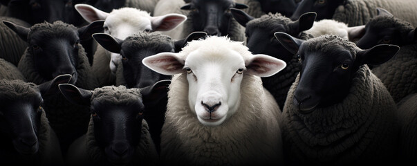 Black head of sheep between white sheeps. - obrazy, fototapety, plakaty