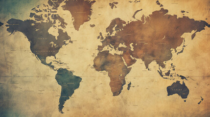 Fototapeta premium Vintage Map Texture A textured background featuring a vintage world map, suitable for educational websites, travel blogs, or historical documentary