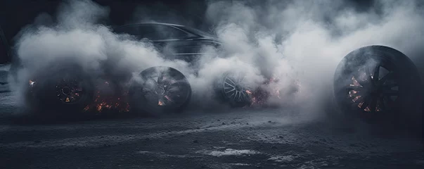 Fotobehang Burn wheels with smoke on snow. Car drift detail. lots of smoke from burning tires on winter street. © Milan