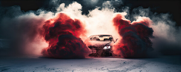 Burn wheels with smoke on snow. Car drift detail. lots of smoke from burning tires on winter street.
