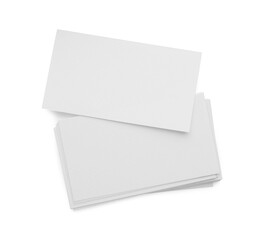 Blank business cards isolated on white, top view. Mockup for design